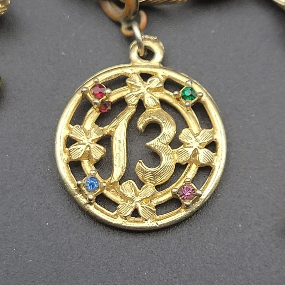 Vintage Gold Tone Multi Charm Bracelet Lucky 13 Dog Rabbit Bicycle 7.25in Kitsch